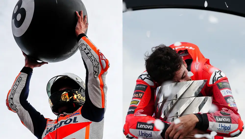 Marc Márquez celebrando sus títulos en 2019 y 2025