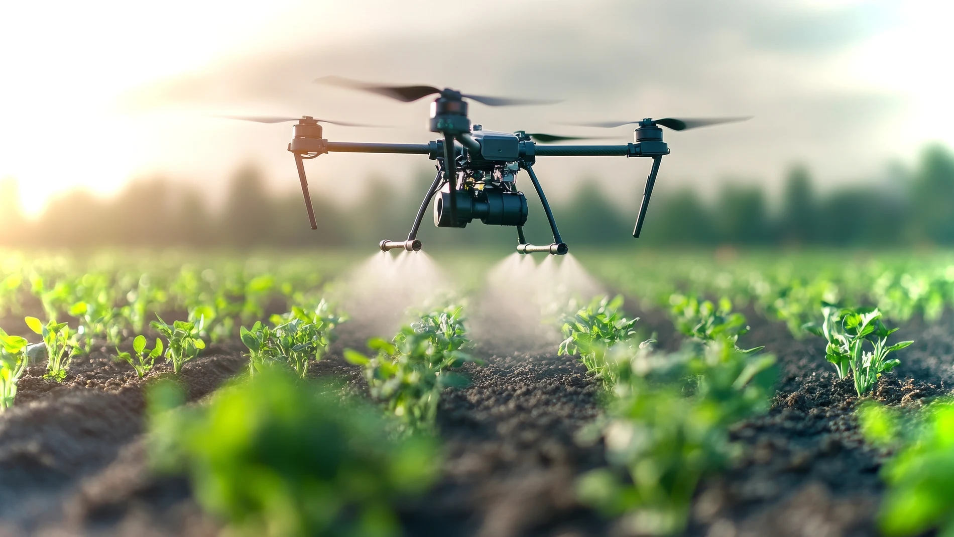 Drones para la agricultura. Dron pulveriza un cultivo