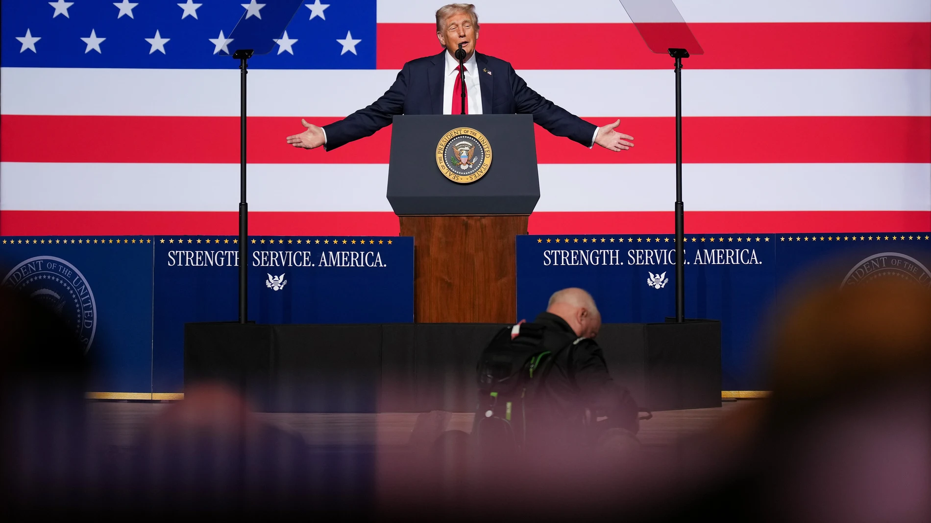 President Donald Trump speaks to a gathering of top U.S. military commanders at Marine Corps Base Quantico, Tuesday, Sept. 30, 2025, in Quantico, Va. (Andrew Harnik/Pool via AP)