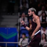 Alcaraz celebra un punto en la final ante Fritz