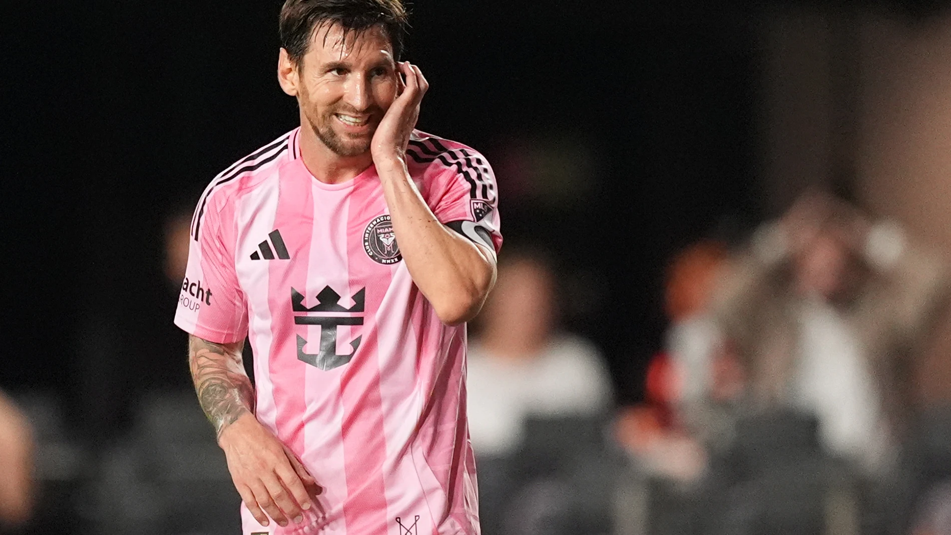 Inter Miami forward Lionel Messi reacts after an unsuccessful scoring attempt against the Chicago Fire during the second half of an MLS soccer match, Tuesday, Sept. 30, 2025, in Fort Lauderdale, Fla. (AP Photo/Rebecca Blackwell)