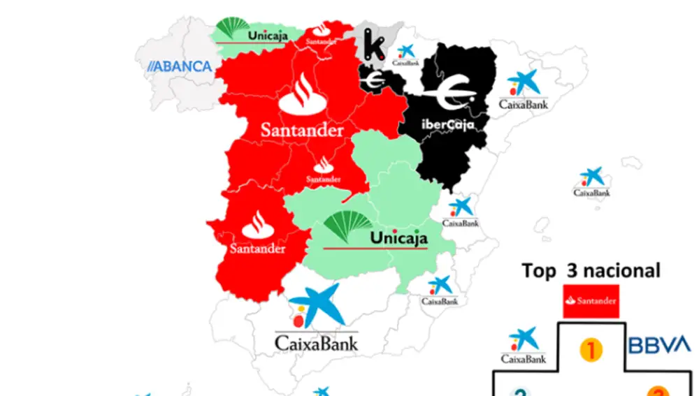 Mapa de las marcas de banca por número de sucursales en España