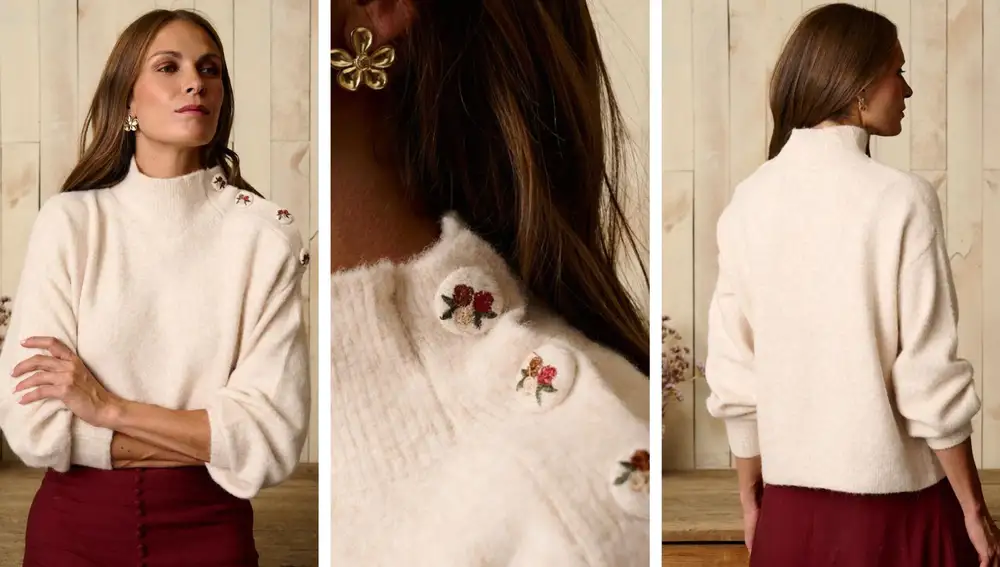 Jersey Botón Irina en crudo con cuello alto y botones bordados en el hombro (59,95€)
