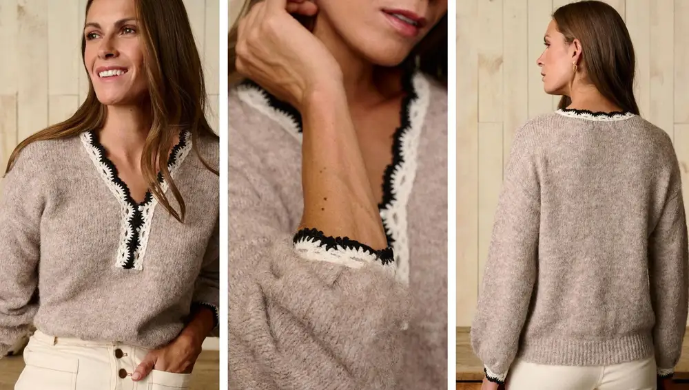 Jersey Punto Tunis en taupe con escote en pico y detalle de encaje en blanco y negro (55,95€)