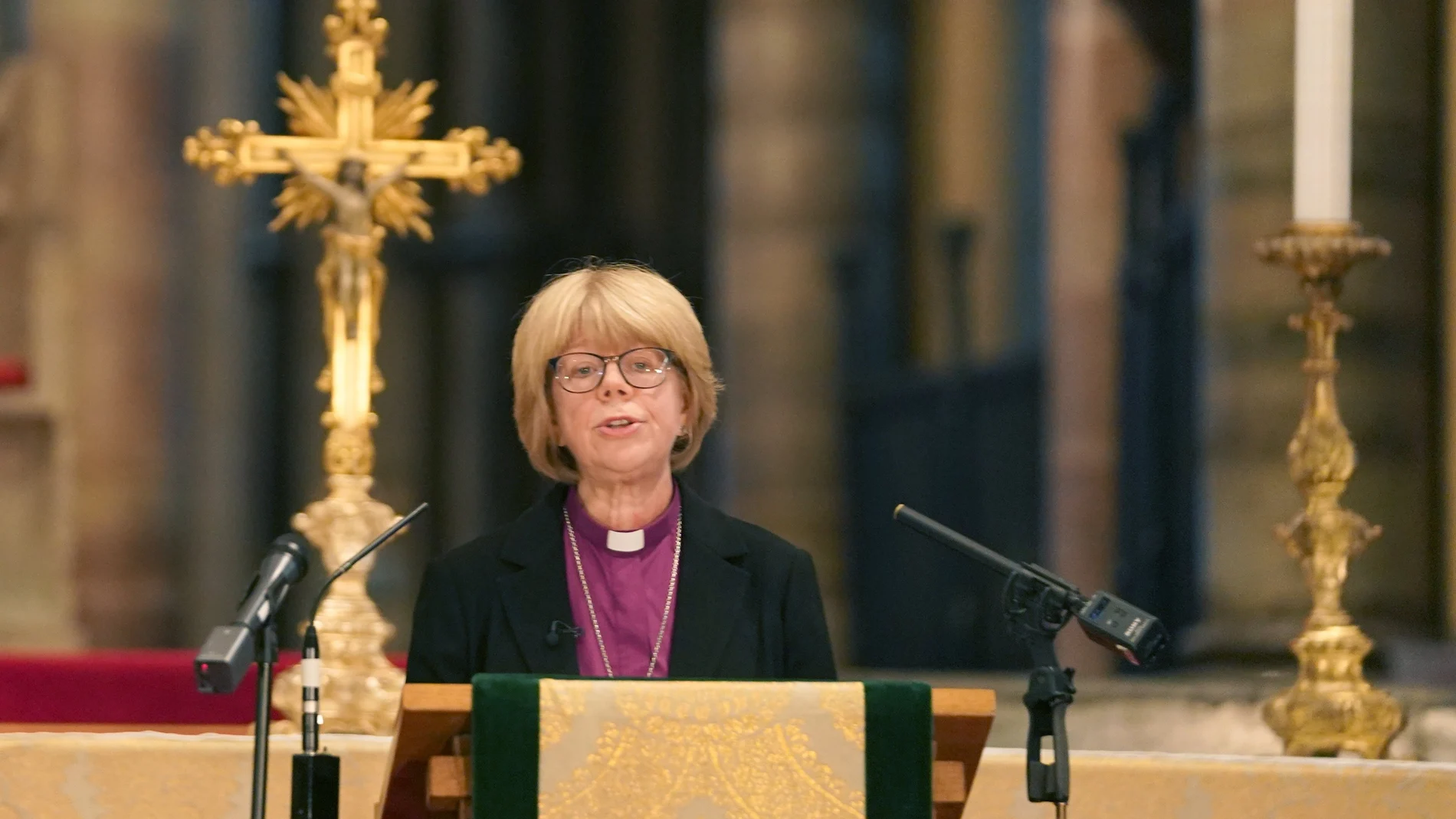 Sarah Mullally, the new Archbishop of Canterbury, spiritual leader of the world's 85 million Anglicans, speaks inside Canterbury Cathedral in Canterbury, England, Friday, Oct. 3, 2025.