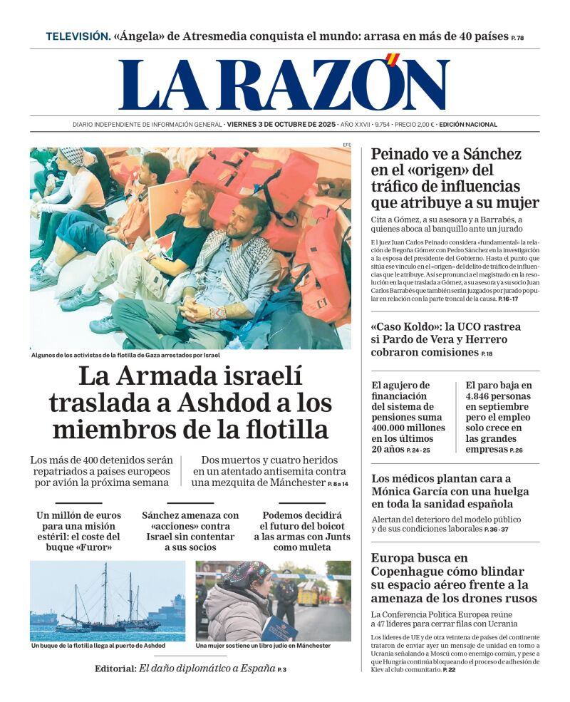 Portada de LA RAZÓN de este viernes 3 de octubre de 2025