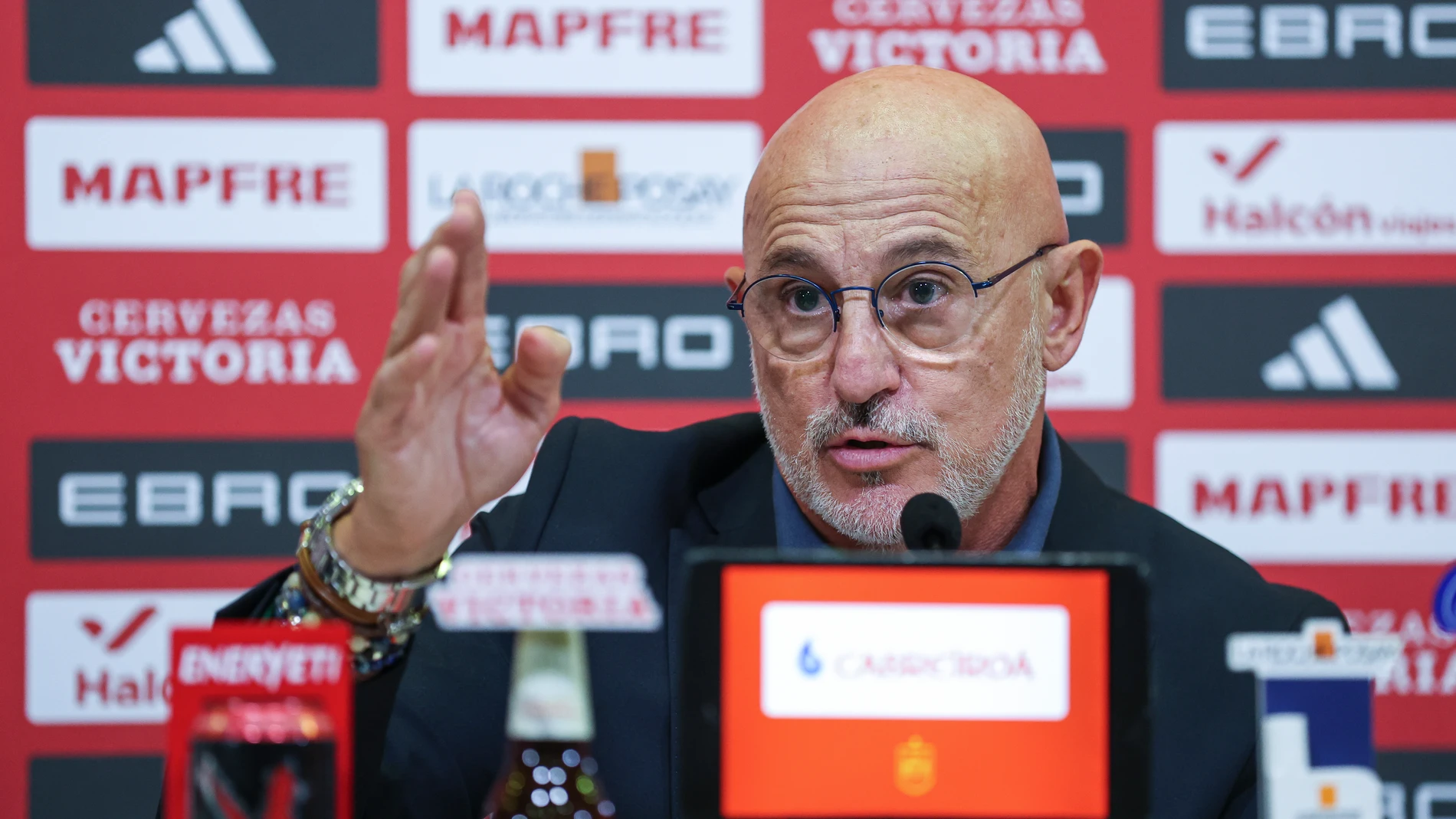 Luis de la Fuente, head coach of Spain, attends his press conference to announce the squad list for the 2026 World Cup qualifying matches against Georgia and Bulgaria, at the Ciudad del Futbol, on October 3, 2025, in Las Rozas, Madrid, Spain. AFP7 03/10/2025 ONLY FOR USE IN SPAIN