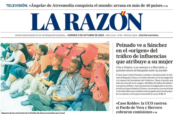 Portada de LA RAZÓN de este viernes 3 de octubre de 2025