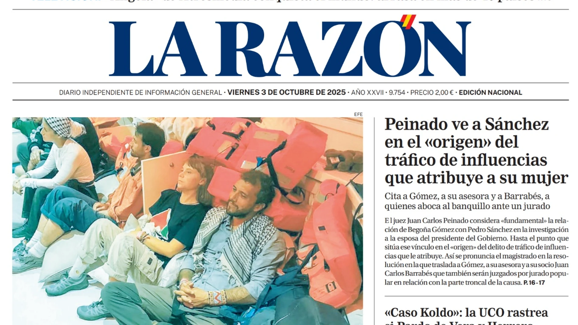 Portada de LA RAZÓN de este viernes 3 de octubre de 2025
