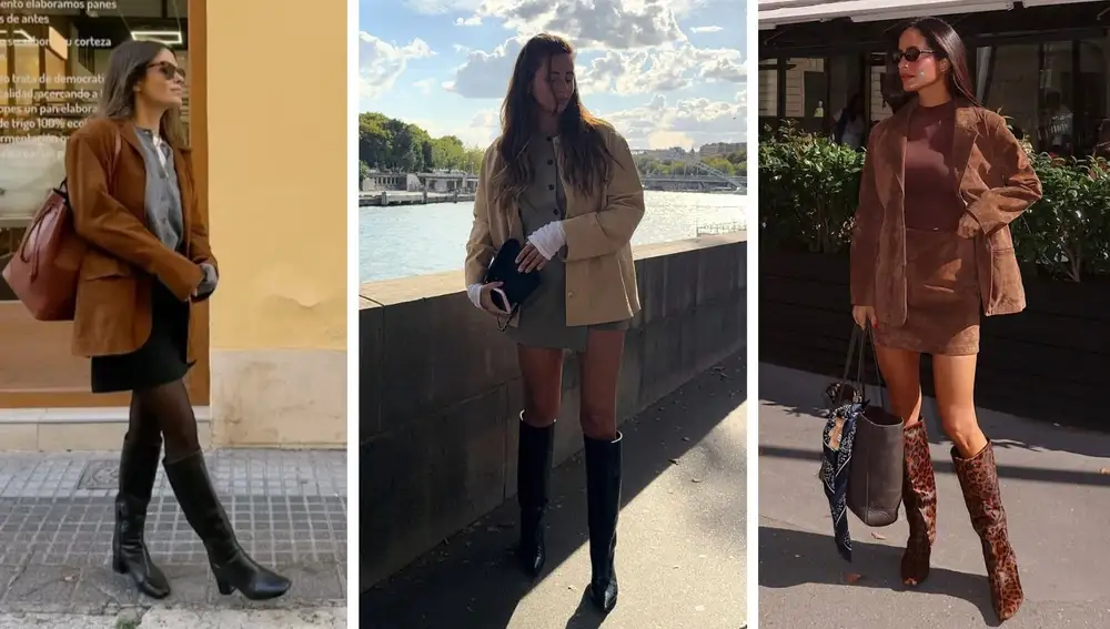 Tres formas de llevar la chaqueta de ante con minifalda, combinada con botas altas o en conjunto a juego.
