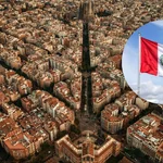 Ciudad de Barcelona y una bandera de Perú