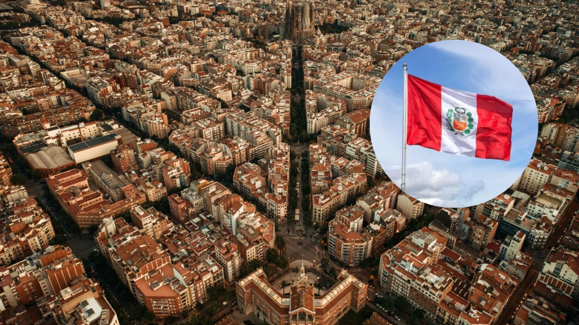 Ciudad de Barcelona y una bandera de Perú