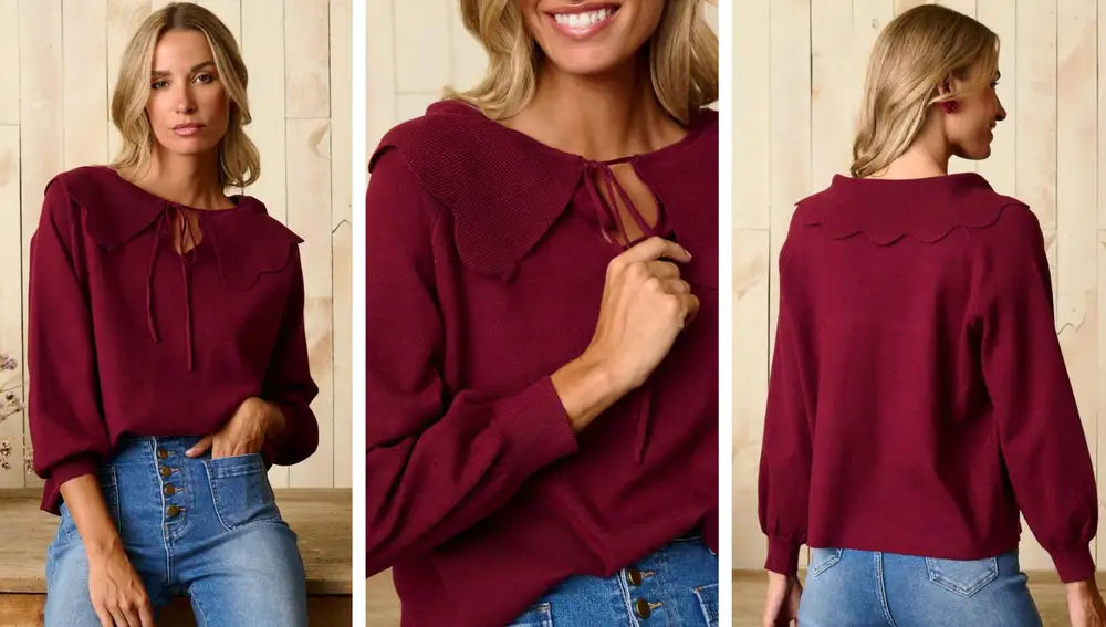 Jersey Cuello Magda en burdeos con cuello bobo amplio y cordón ajustable (55,95€)