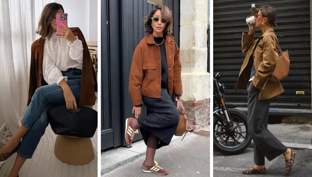 Chaqueta de ante en looks casuales con vaqueros, vestido largo de punto o pantalón de pinzas, combinada con zapatillas o bailarinas.