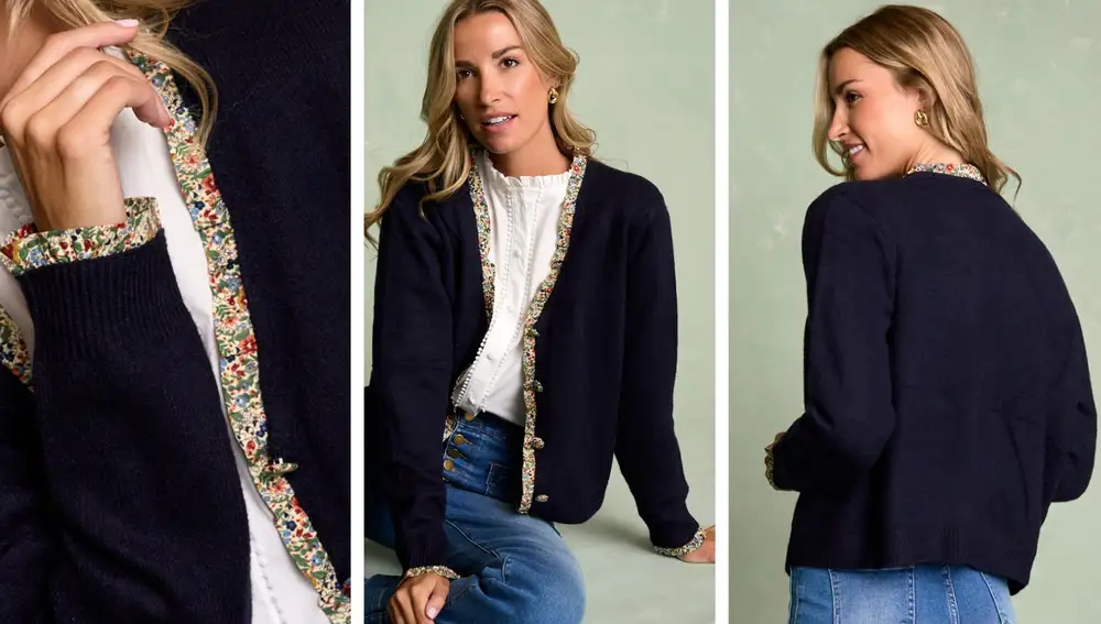 Cardigan Floral Araceli en azul marino con ribete floral (59,95€)