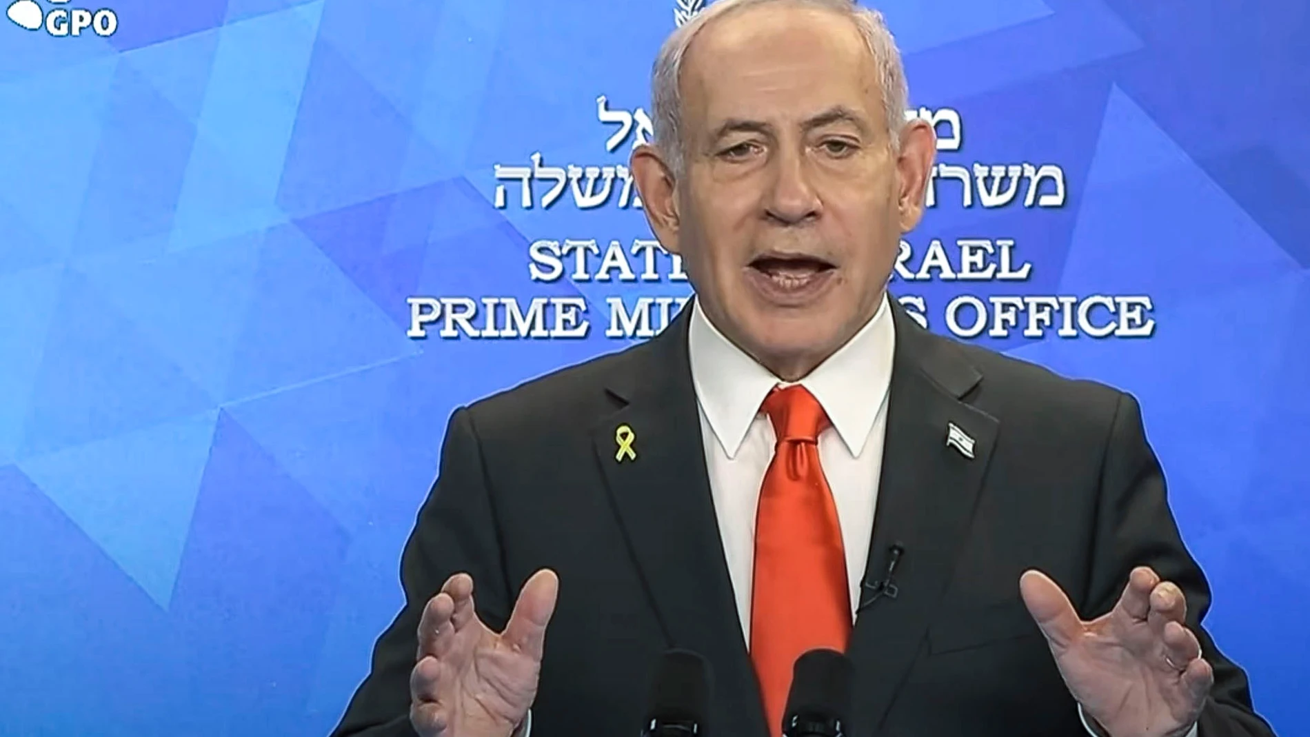 JERUSALÉN, 04/10/2025.- Captura de video de la señal Government Press Office (GPO), de la comparecencia del primer ministro israelí, Benjamín Netanyahu, en la que afirmó este sábado que su Gobierno está a punto de "conseguir un gran logro" y confió en que en los próximos días se pueda anunciar la liberación de todos los rehenes en manos de Hamás. EFE/GPO -SOLO USO EDITORIAL/SOLO DISPONIBLE PARA ILUSTRAR LA NOTICIA QUE ACOMPAÑA (CRÉDITO OBLIGATORIO)-