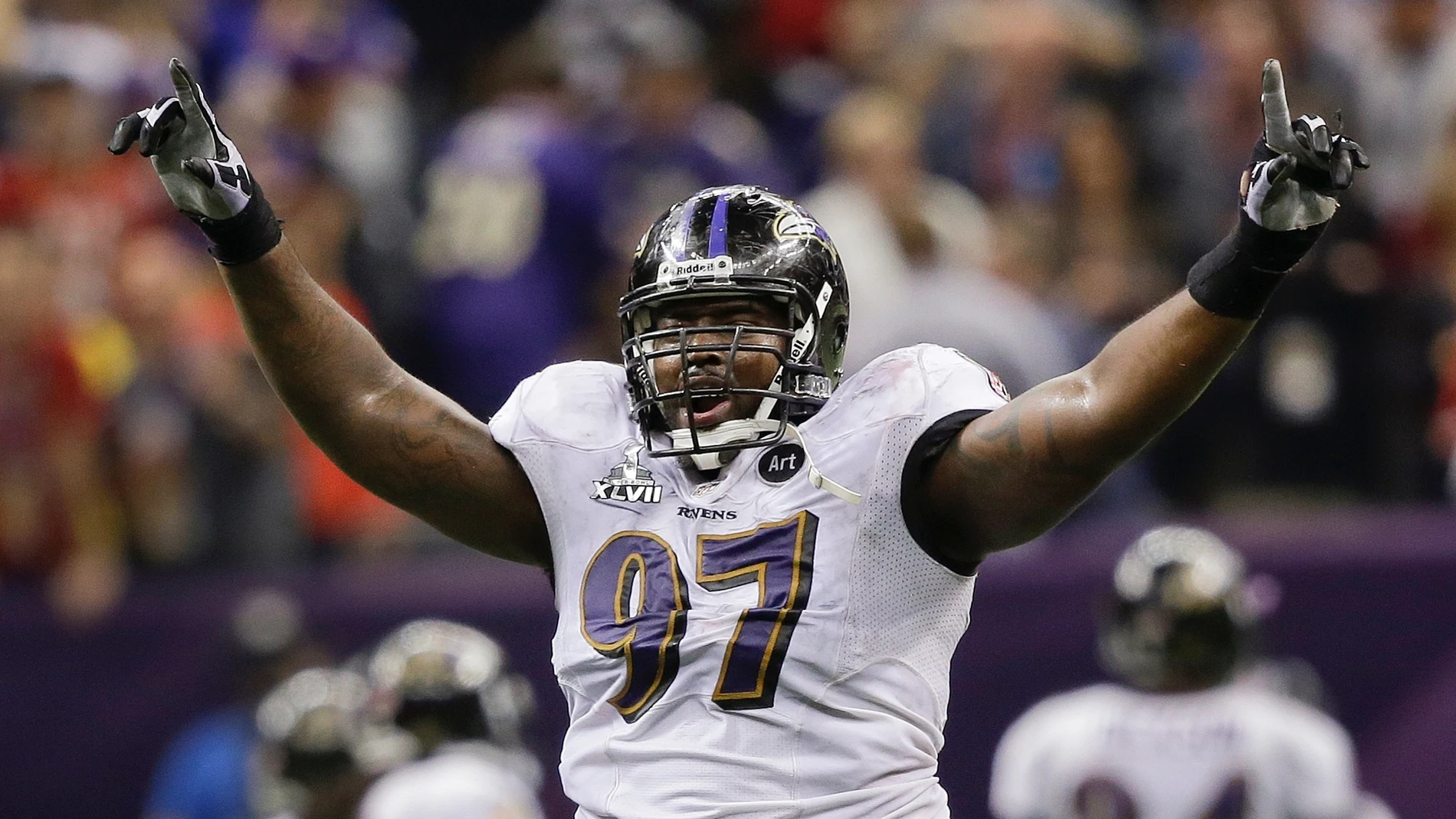 FILE - Baltimore Ravens defensive end Arthur Jones (97) celebrates after the San Francisco 49ers failed to convert on a potential touchdown pass on fourth-and-goal during the fourth quarter of the NFL Super Bowl XLVII football game, Sunday, Feb. 3, 2013, in New Orleans. (AP Photo/Marcio Sanchez, File)