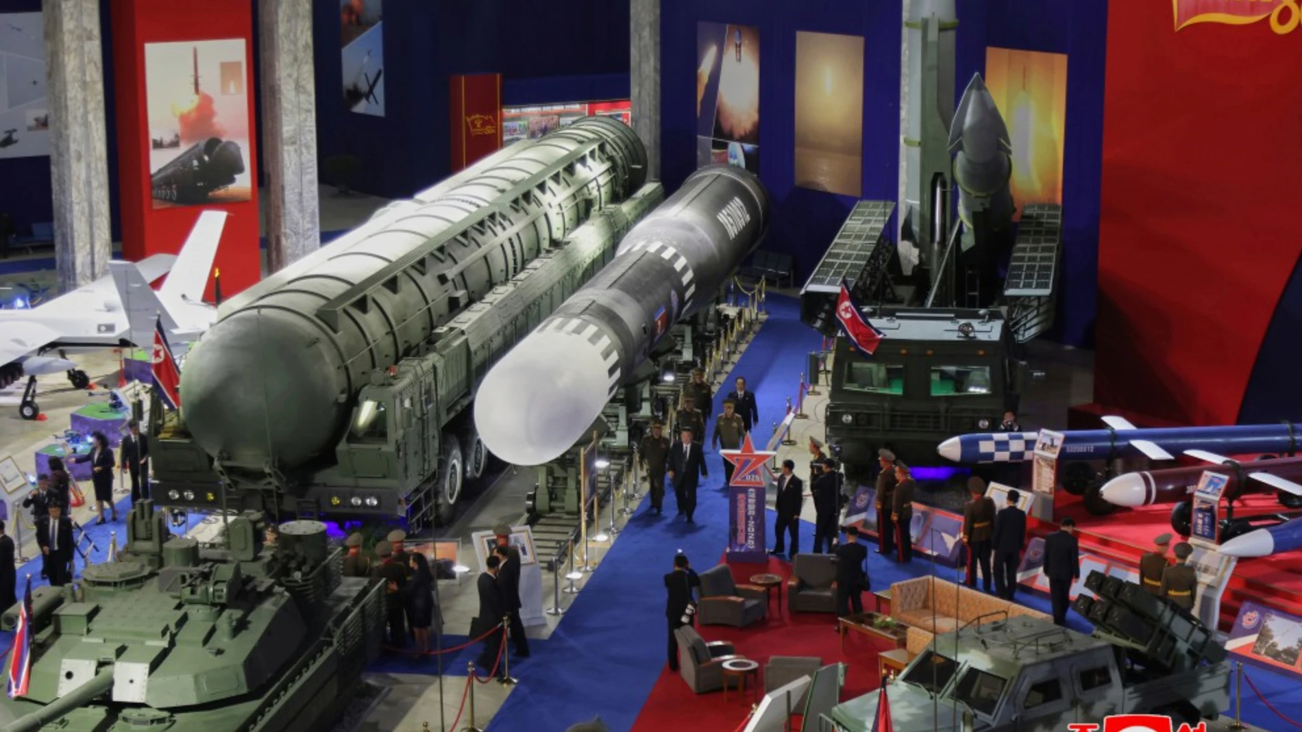 In this photo provided by the North Korean government, North Korean leader Kim Jong Un, center, visits a military hardware exhibition in Pyongyang, Notrh Korea Saturday, Oct. 4, 2025. Independent journalists were not given access to cover the event depicted in this image distributed by the North Korean government. The content of this image is as provided and cannot be independently verified. Korean language watermark on image as provided by source reads: "KCNA" which is the abbreviation for K...