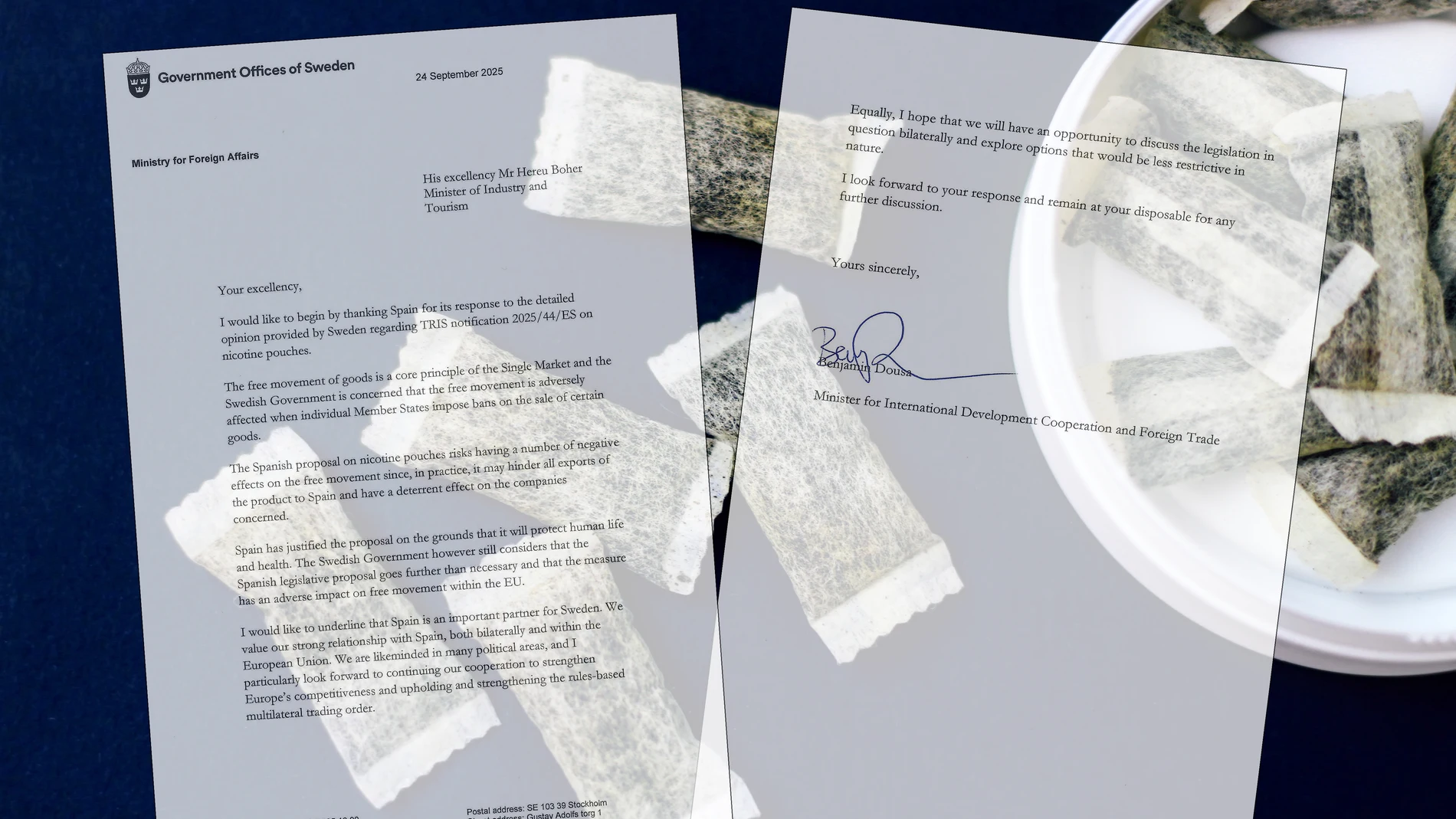 Carta emitida por el Gobierno sueco a España, por la prohibición de facto de las bolsas de nicotina.