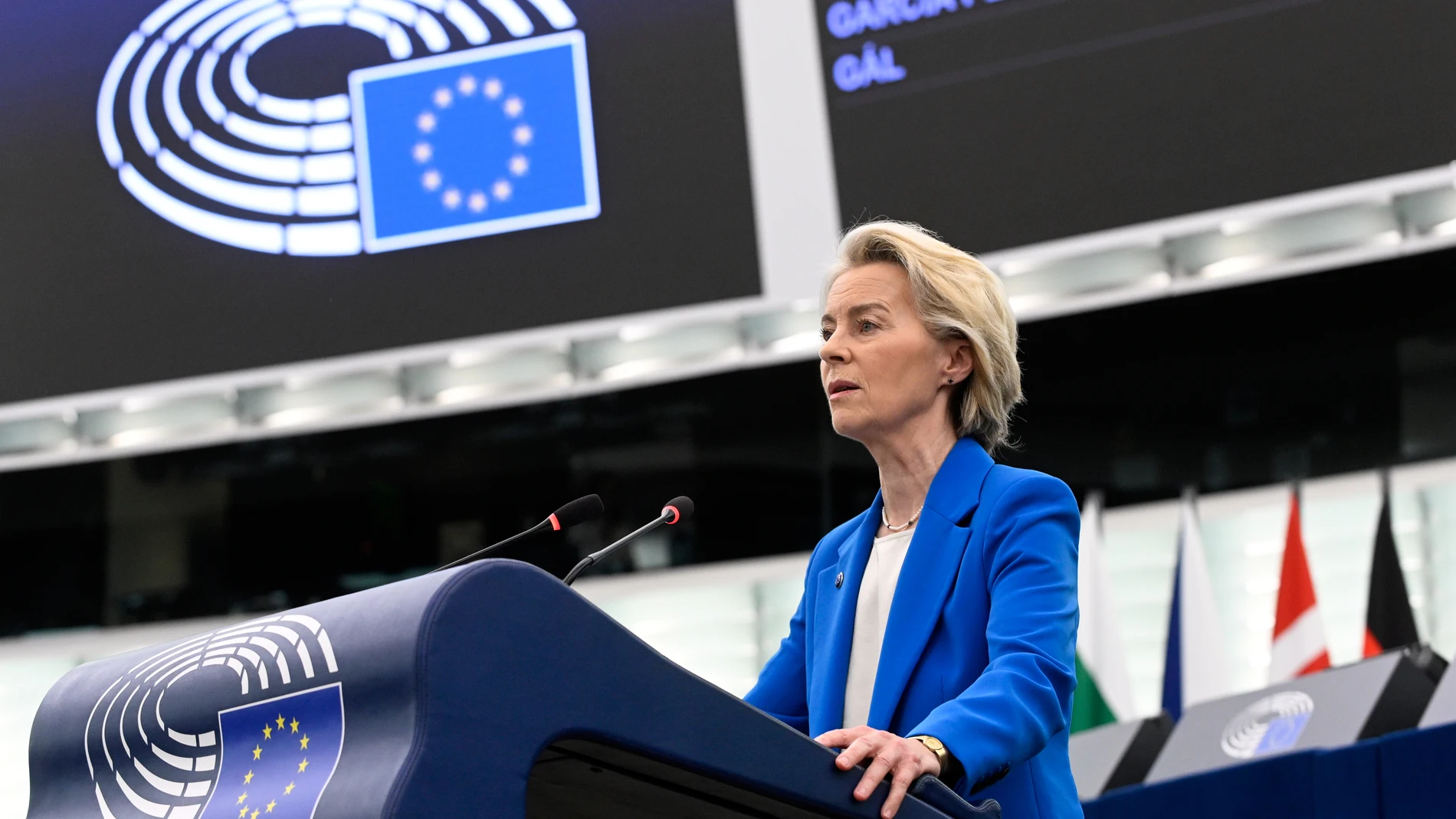 European Commission president Ursula von der Leyen speak before a no-confidence vote against the European Commission, Monday, Oct. 6, 2025 at the European Parliament in Strasbourg, eastern France. (AP Photo/Pascal Bastien)