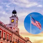 Imagen de Madrid y una bandera estadounidense