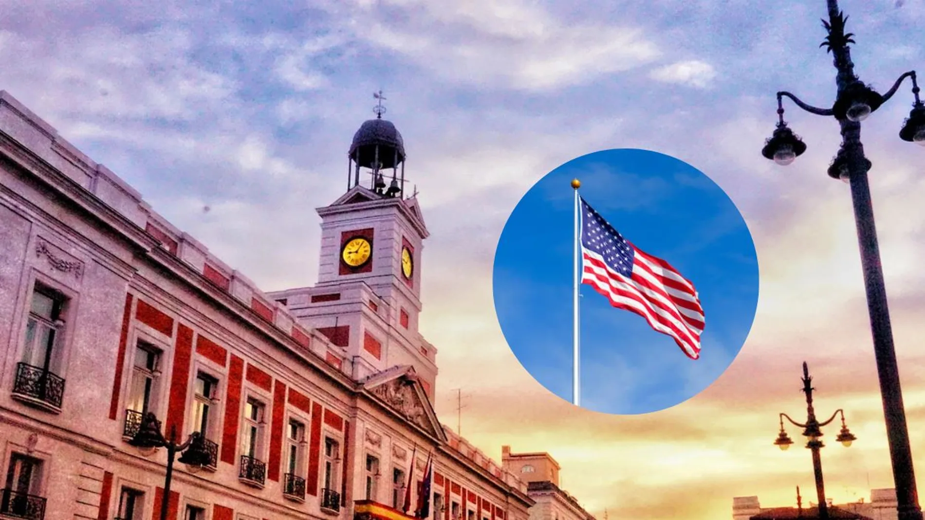 Imagen de Madrid y una bandera estadounidense