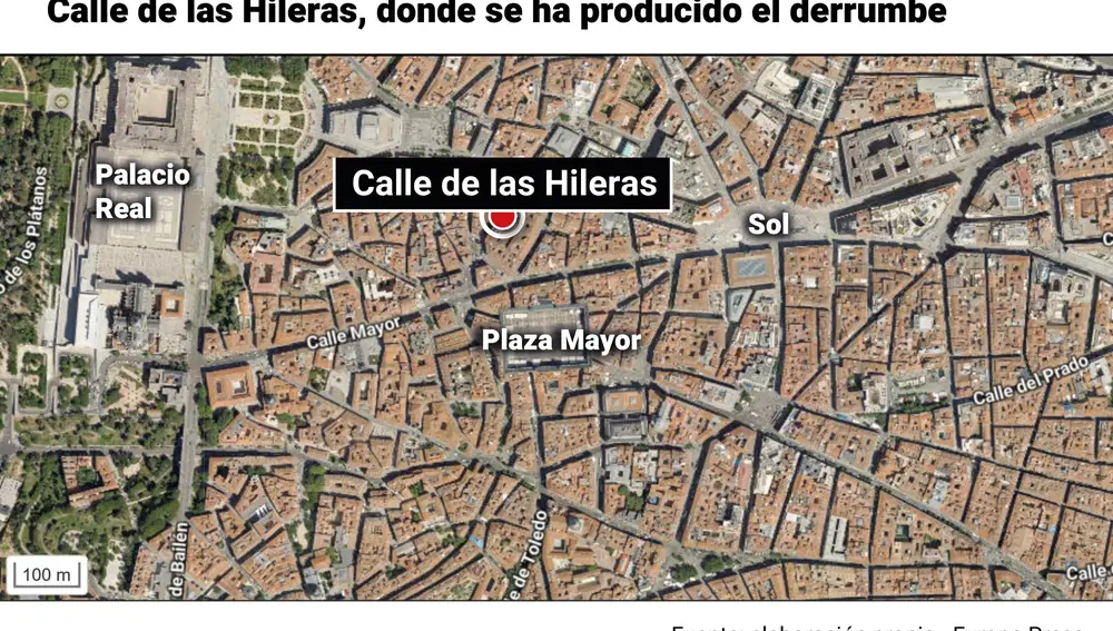 Derrumbe parcial de un edificio en obras en la zona de Ópera en Madrid