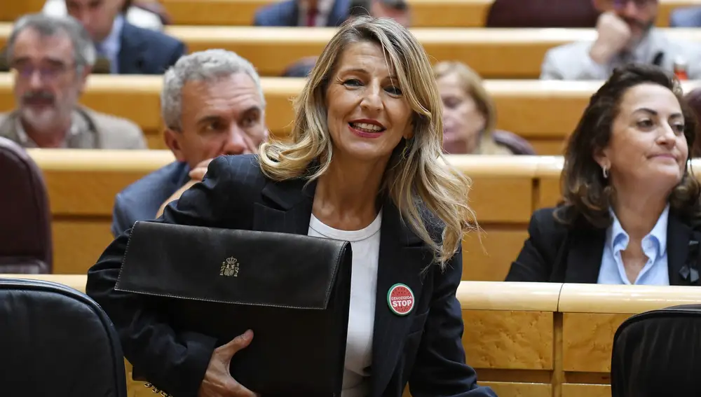 La vicepresidenta segunda del Gobierno y ministra de Trabajo, Yolanda Díaz, durante una comparecencia en el Senado