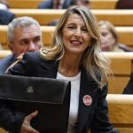 La vicepresidenta segunda del Gobierno y ministra de Trabajo, Yolanda Díaz, durante una comparecencia en el Senado