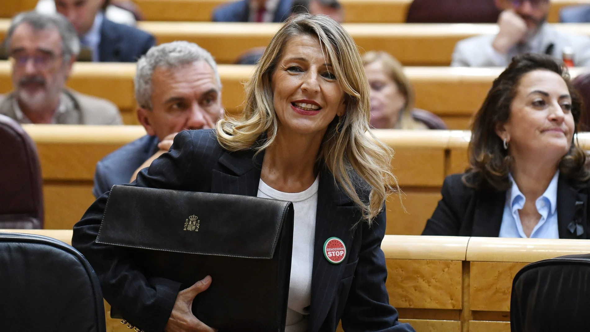 La vicepresidenta segunda del Gobierno y ministra de Trabajo, Yolanda Díaz, durante una comparecencia en el Senado