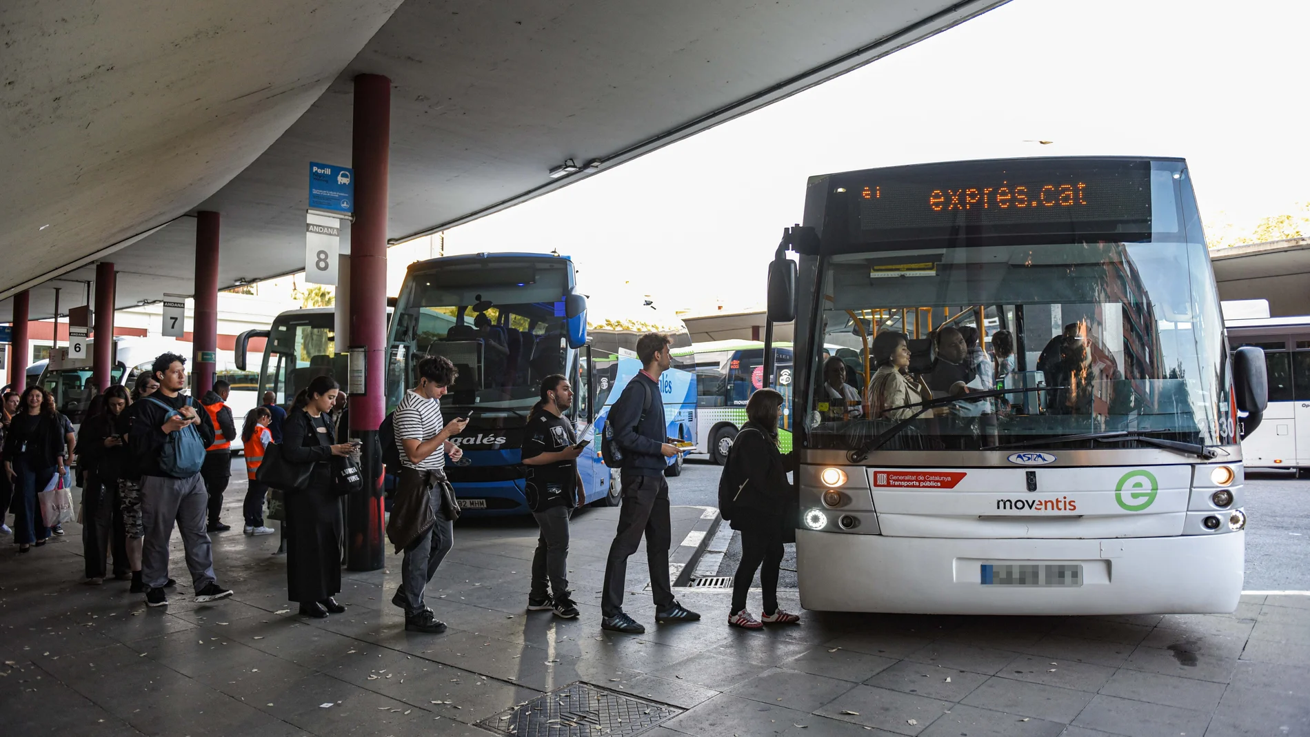 Varias personas esperan autobuses alternativos al macrocorte en la línea R3 de Rodalies, a 7 de octubre de 2025, en Barcelona, Cataluña (España). Los trabajos para desdoblar la vía entre Parets del Vallès y La Garriga (Barcelona) en la línea R3 de Rodalies comienzan hoy y están previstos que duren 16 meses, hasta enero de 2027. Paralelamente, el servicio de la R3 entre La Garriga y Vic se ha recuperado ya tras 20 minutos de interrupción a raíz de una incidencia que afecta a la señalización. ...