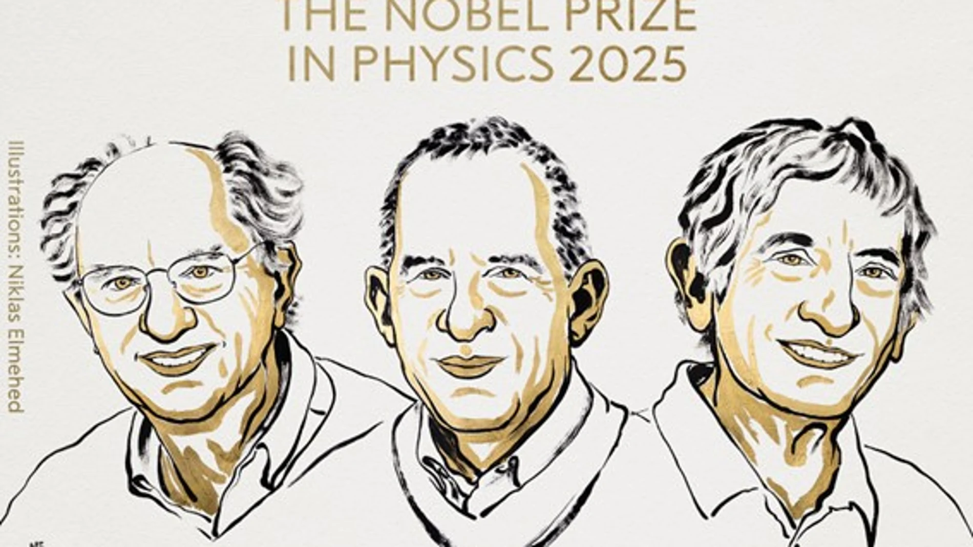 Respectivamente: John Clarke, Michel H. Devoret y John M. Martinis, ganadores del Premio Nobel de Física de 2025 por el descubrimiento del efecto túnel y la cuantización de la energía en un circuito eléctrico", ambos a escala macroscópica