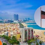Imagen de Barcelona junto a una bandera de Estados Unidos