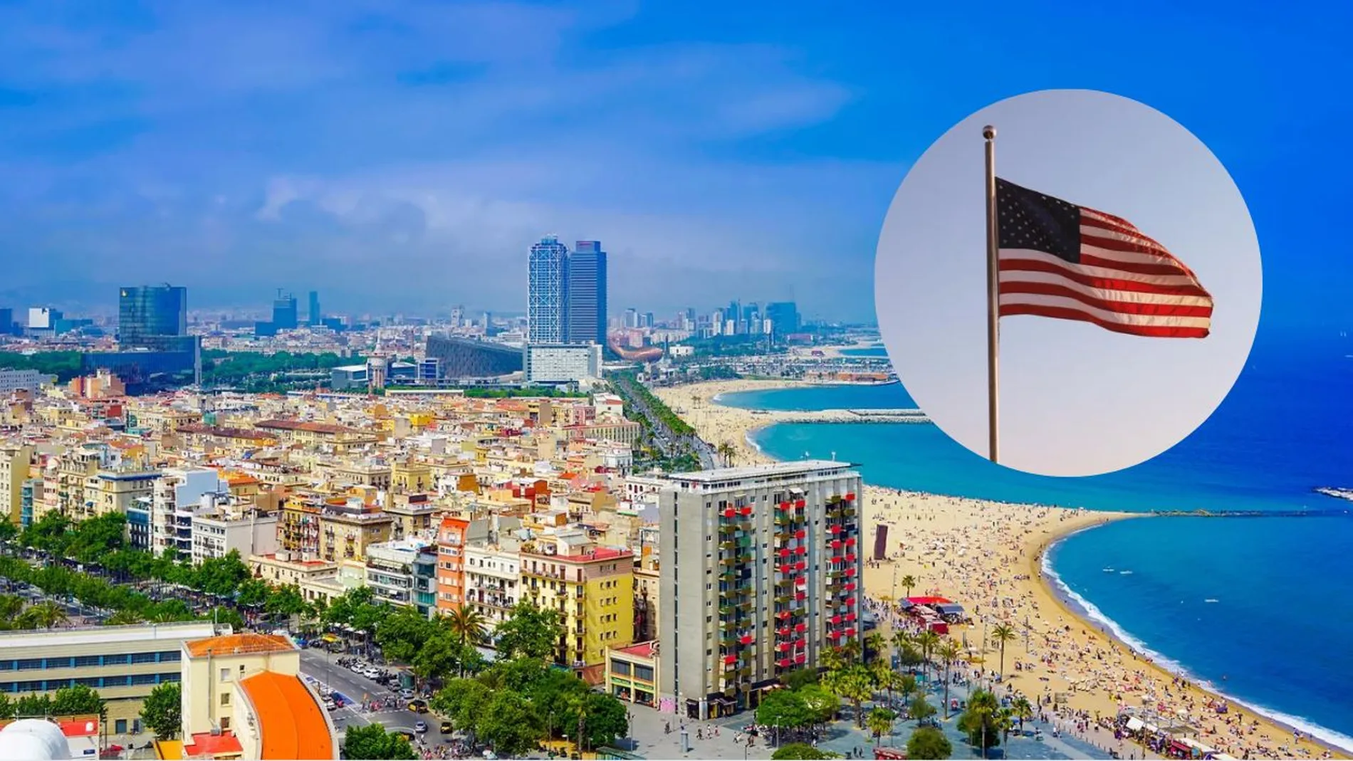 Imagen de Barcelona junto a una bandera de Estados Unidos