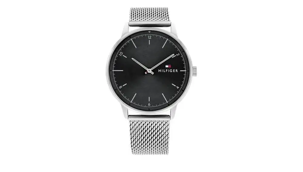 Tommy Hilfiger plateado con esfera negra y pulsera de malla
