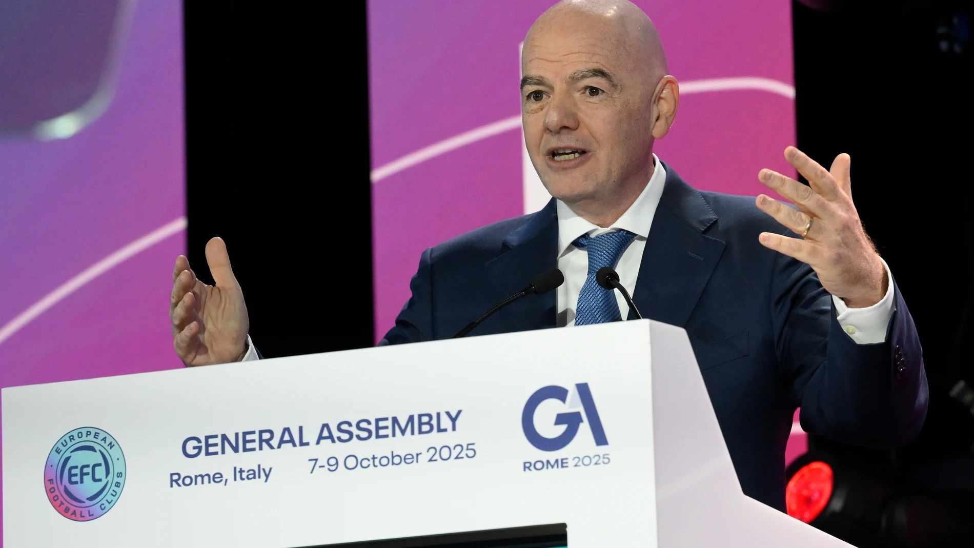 FIFA President Gianni Infantino speaks during the 32nd European Football Clubs General Assembly in Rome, Italy, Thursday Oct. 9, 2025. (Fabrizio Corradetti/LaPresse via AP)