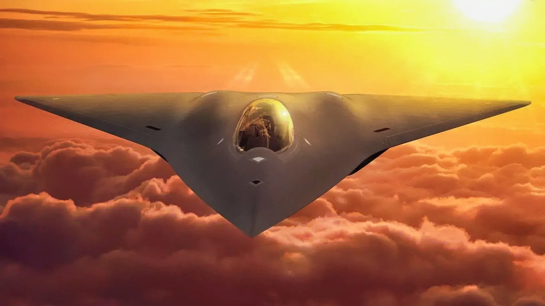 Avión de combate sobrevolando el cielo por encima de las nubes y el sol a la espalda