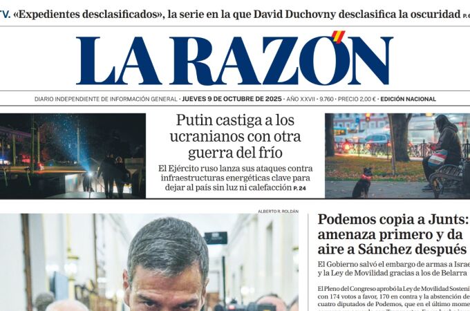 Portada de LA RAZÓN de este jueves 9 de octubre de 2025