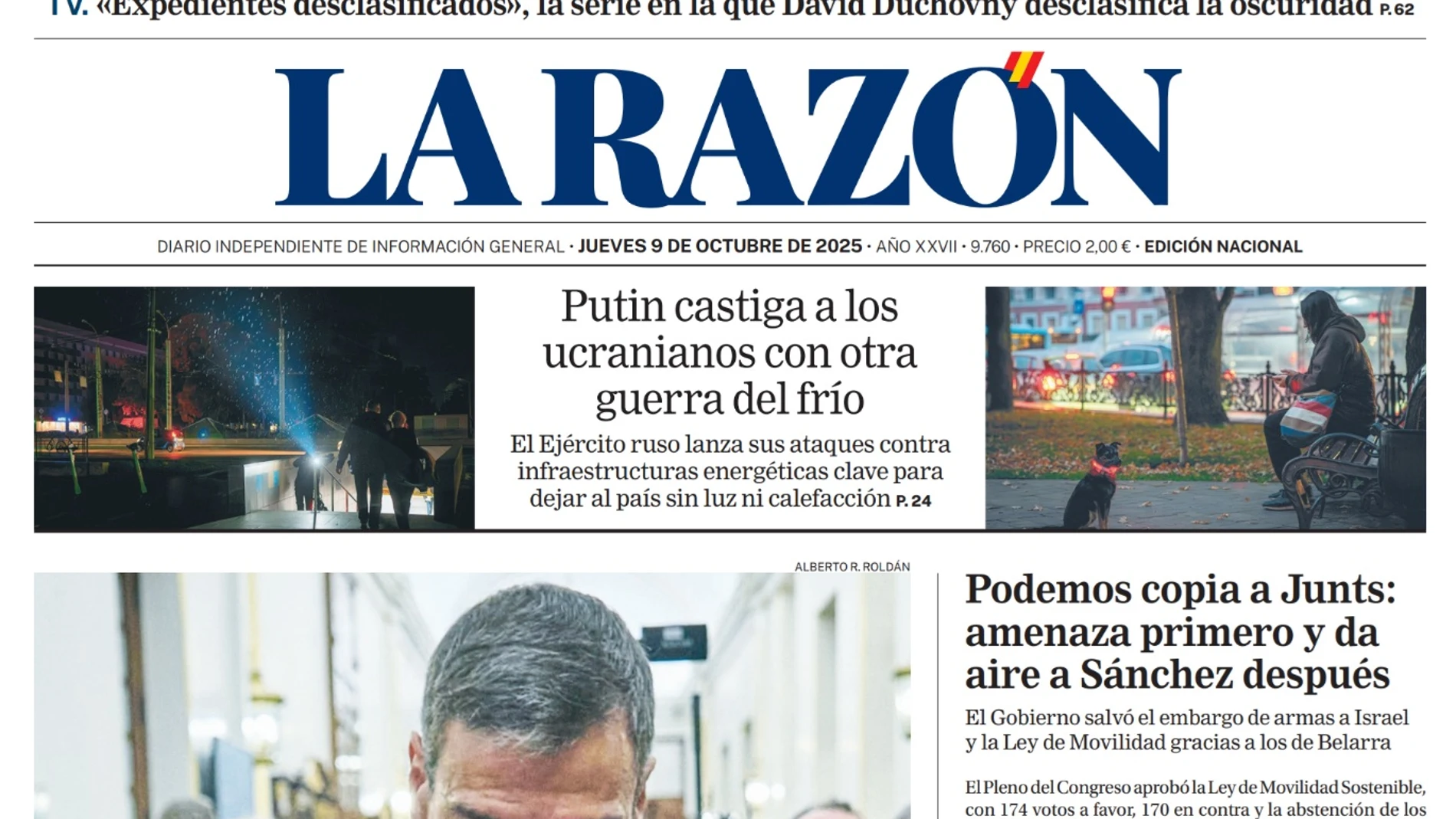 Portada de LA RAZÓN de este jueves 9 de octubre de 2025
