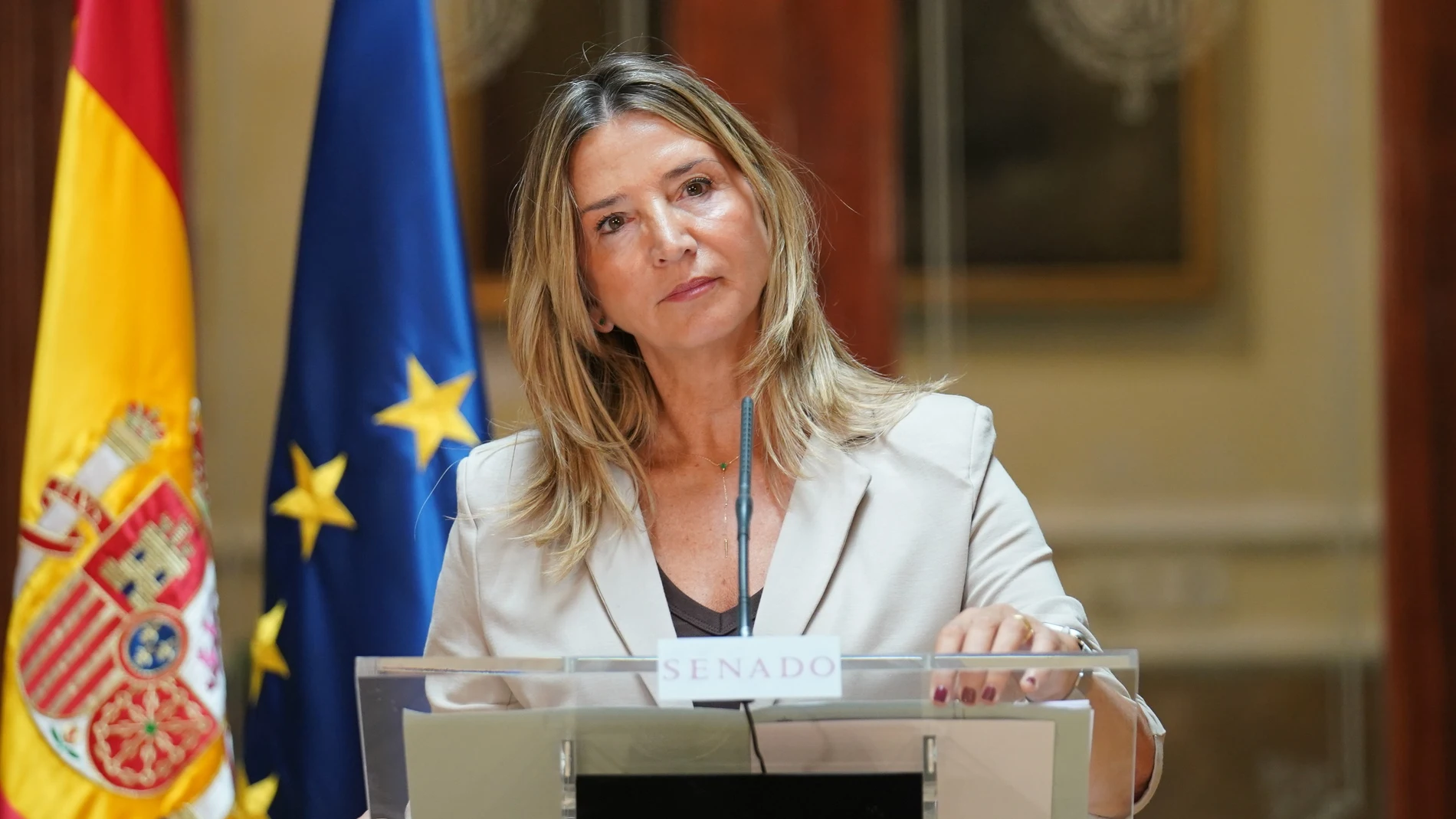 La portavoz del PP en el Senado, Alicia García, este jueves en rueda de prensa.