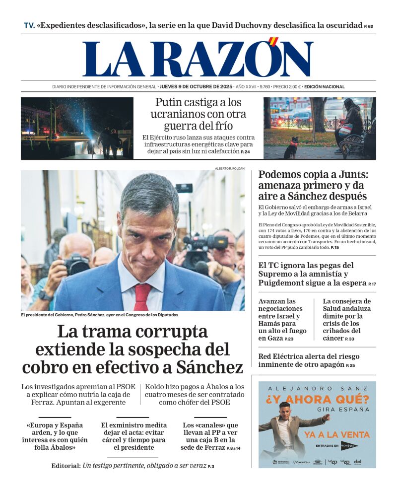 Portada de LA RAZÓN de este jueves 9 de octubre de 2025