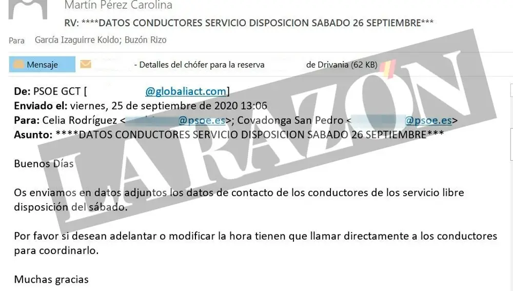 Correo del PSOE sobre el conductor de Ábalos en París
