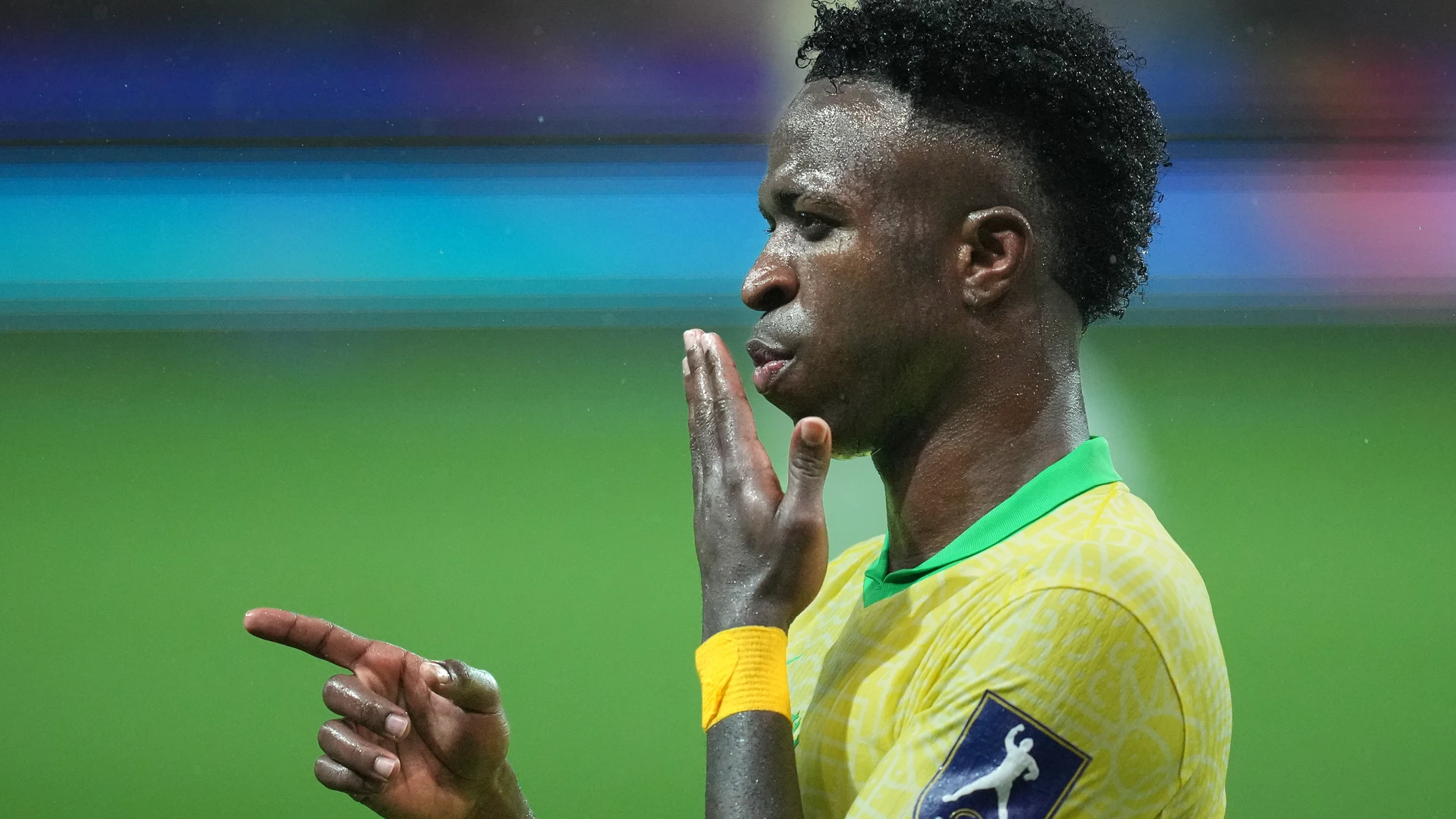 Brazil's Vinicius Junior reacts after scoring his side's fifth goal during the international friendly soccer match between South Korea and Brazil at Seoul World Cup Stadium in Seoul, South Korea, Friday, Oct. 10, 2025. (AP Photo/Lee Jin-man)