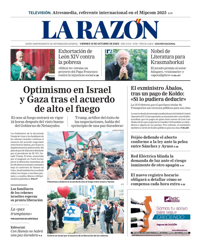 Portada de LA RAZÓN de este viernes 10 de octubre de 2025