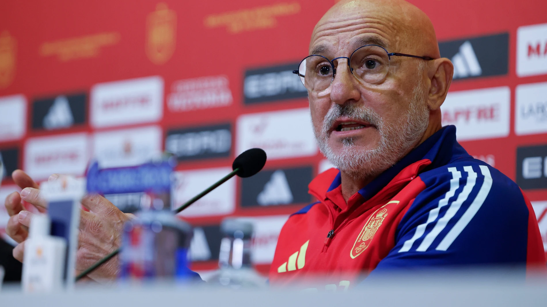 LAS ROZAS (MADRID) 10/10/2025.- El seleccionador, Luis de la Fuente durante la rueda de prensa tras el entrenamiento del equipo en la Ciudad del Fútbol de Las Rozas, Madrid, este viernes para preparar el enfrentamiento ante Georgia de mañana correspondiente al clasificatorio para el Mundial. EFE/ Mariscal
