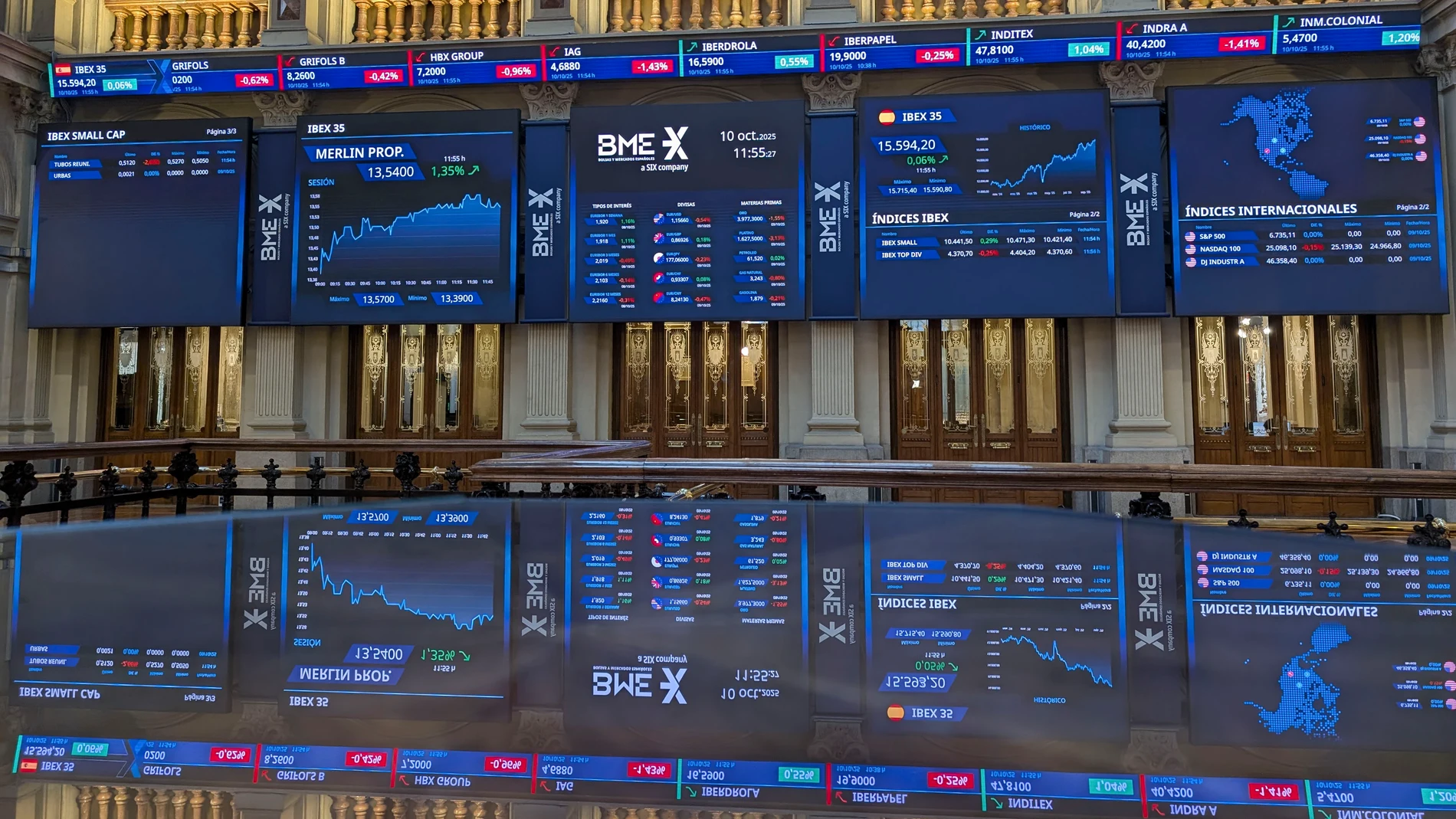 FOTODELDÍA MADRID, 10/10/2025.- La bolsa española ha logrado a las 10:00 horas romper la barrera de los 15.700 puntos, al subir cerca del 1 %, por lo que se sitúa en valores de finales de octubre de 2007, cuando logró por primera vez en su historia superar esa barrera. Con una subida del 0,95 %, el IBEX 35 ha logrado pasar esa barrera, tras intentar superarla el pasado miércoles, cuando cerró en 15.678,3 puntos.-EFE/ Vega Alonso