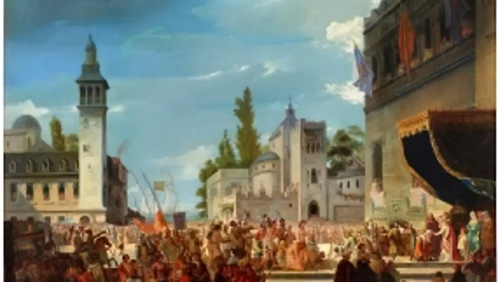 García Ibáñez, Francisco. Cristóbal Colón es recibido por los Reyes Católicos en Barcelona, a la vuelta de su primer viaje, en 1493. 1845.
