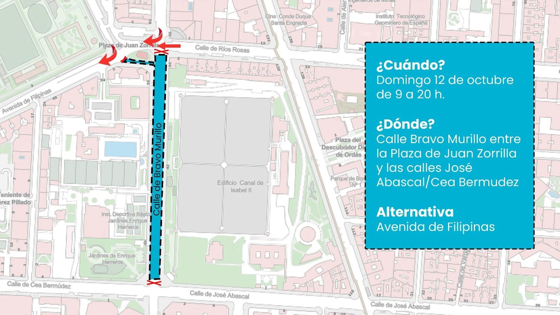 MADRID.-Hasta 450 metros de Bravo Murillo, entre Juan Zorrilla, José Abascal y Cea Bermúdez, serán peatonalizados este domingo