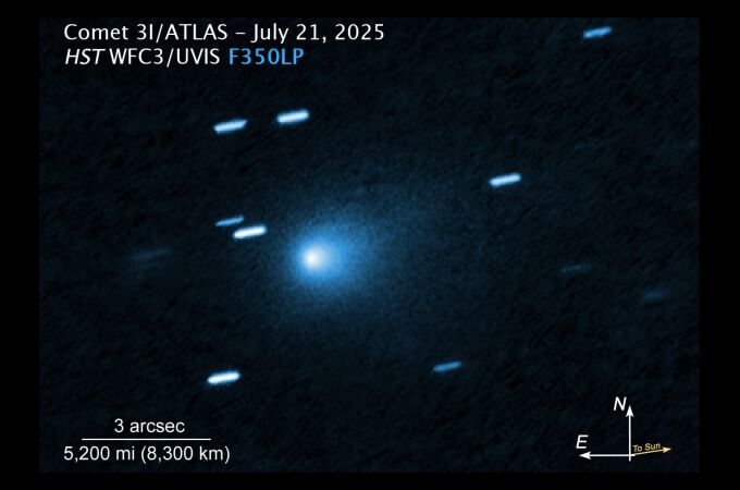 Imagen del cometa interestelar 3I/ATLAS captada por la Cámara de Campo Amplio del Telescopio Espacial Hubble el 21 de julio de 2025. La barra de escala indica segundos de arco, medida angular en el cielo; las flechas señalan norte y este. La luz captada corresponde a longitudes de onda visibles.
