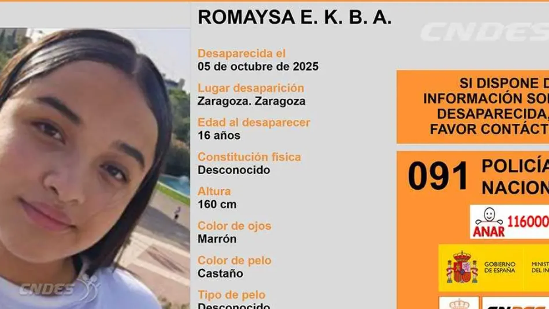 Romayka E. K. B. A., de 16 años, desaparecida en Zaragoza